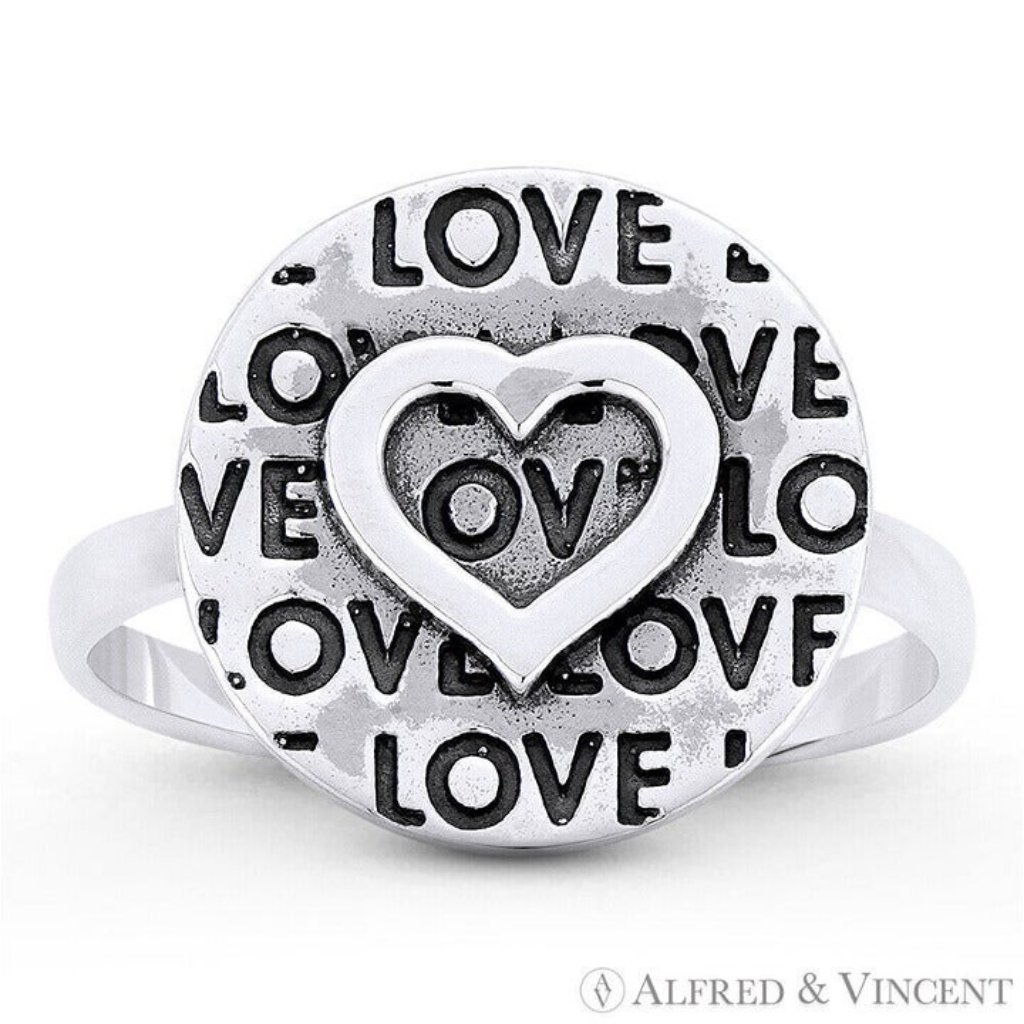 Heart Charm, Love Script, Round Disc Ring In .925 Sterling Silver - Size 9